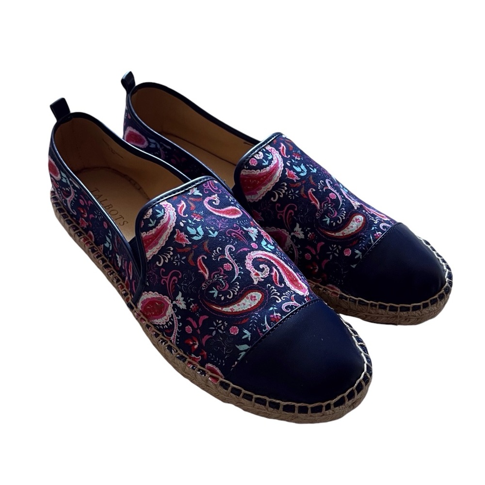 Talbots NEW Blue Izzy Tie Cap Espadrilles Flat Shoes Pink Paisley Size 9.5